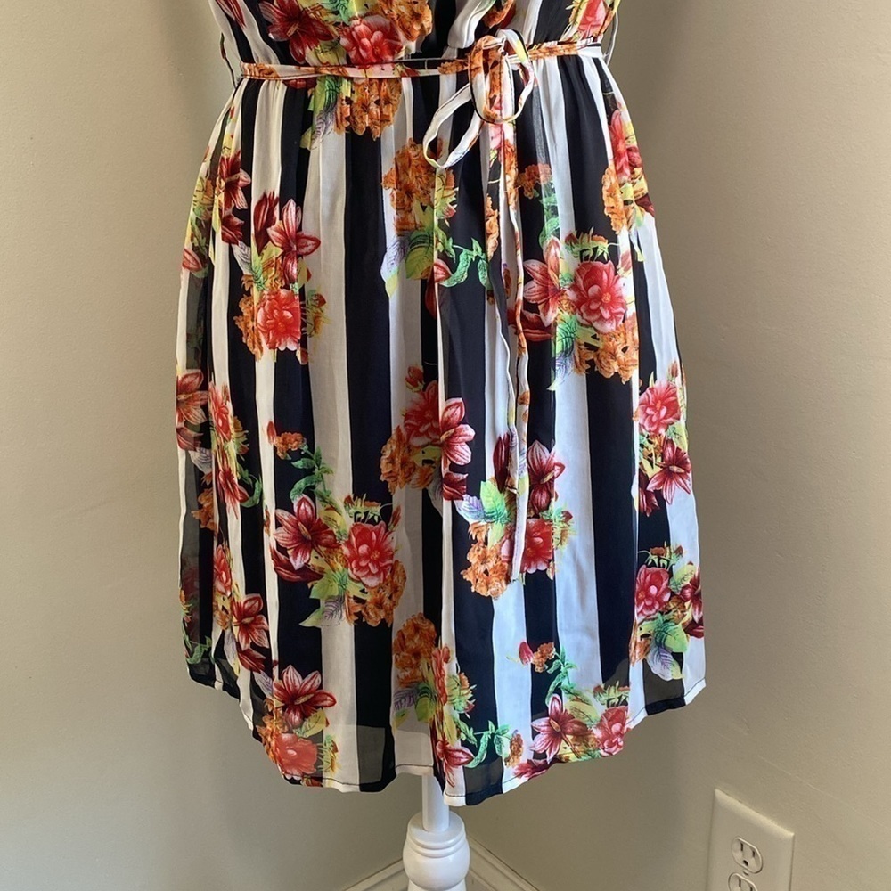 TULLE Floral Stripes Chiffon Tie Waist Dress Black White Red Green Orange - Picture 5 of 10